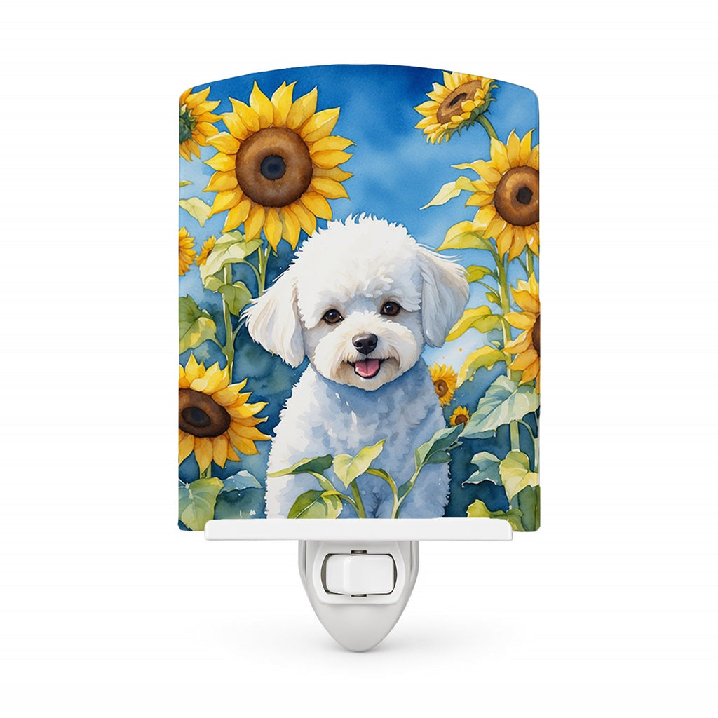 Bichon Frise in Sunflowers Ceramic Night Light Compact, UL-Certified, Ideal for Bedroom, Bathroom, Nursery, Hallway, Kitchen, 6x4x3, Multicolor