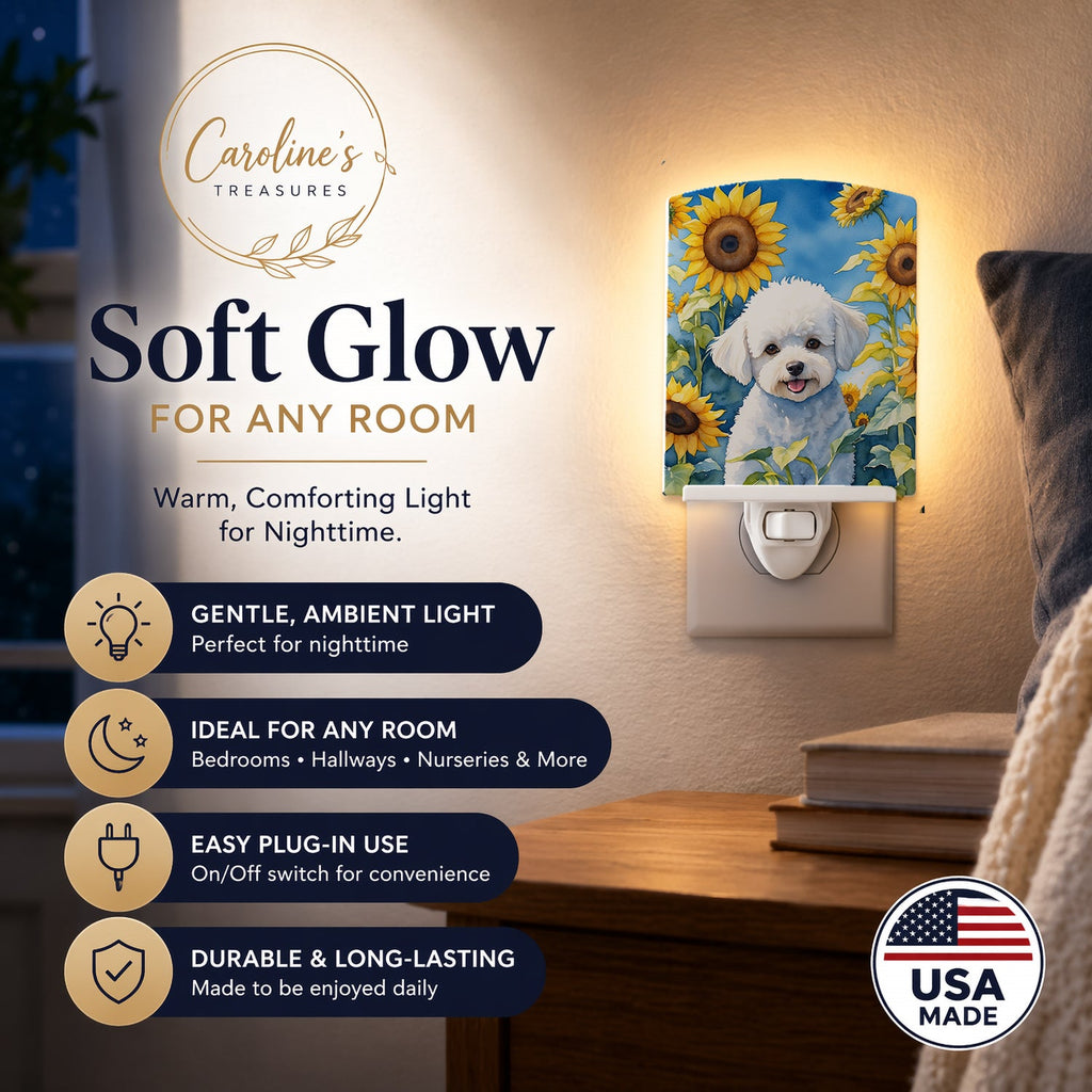 Bichon Frise in Sunflowers Ceramic Night Light Compact, UL-Certified, Ideal for Bedroom, Bathroom, Nursery, Hallway, Kitchen, 6x4x3, Multicolor