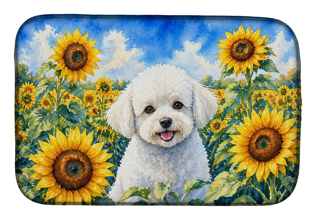 Bichon Frise in Sunflowers Dish Drying Mat Absorbent Dish Drying Mat Pad for Kitchen Counter Dish Drainer Mat for Countertop, 14 x 21", Multicolor