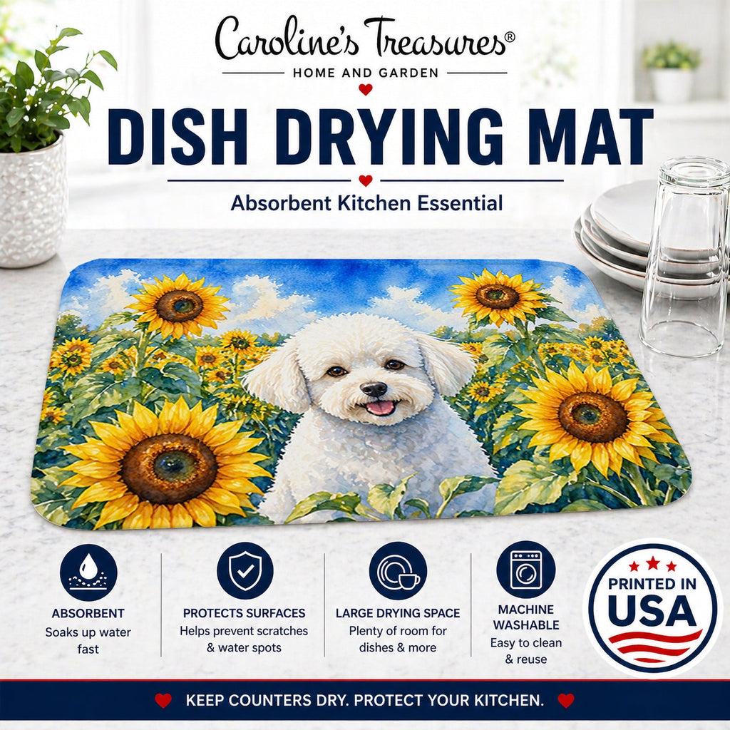 Bichon Frise in Sunflowers Dish Drying Mat Absorbent Dish Drying Mat Pad for Kitchen Counter Dish Drainer Mat for Countertop, 14 x 21", Multicolor