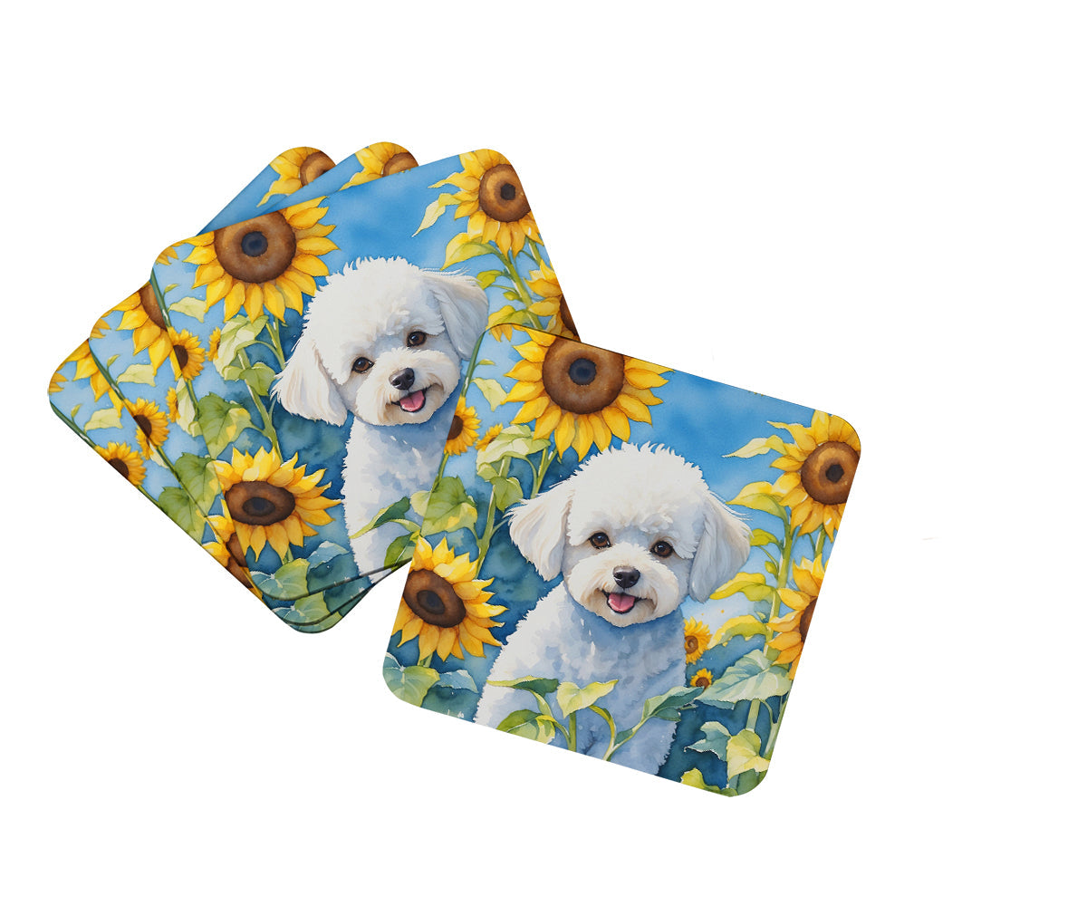 Bichon Frise in Sunflowers Foam Coasters Set of 4 Cup Coasters for Indoor Outdoor, Tabletop Protection, Anti Slip, Mouse pad Material