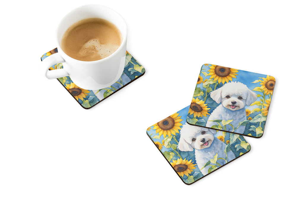 Bichon Frise in Sunflowers Foam Coasters Set of 4 Cup Coasters for Indoor Outdoor, Tabletop Protection, Anti Slip, Mouse pad Material