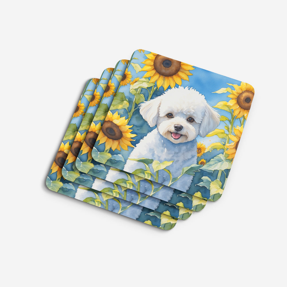 Bichon Frise in Sunflowers Foam Coasters Set of 4 Cup Coasters for Indoor Outdoor, Tabletop Protection, Anti Slip, Mouse pad Material