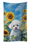 Bichon Frise in Sunflowers Kitchen Towel Velour Plush Front and Cotton Loop Back Machine Washable