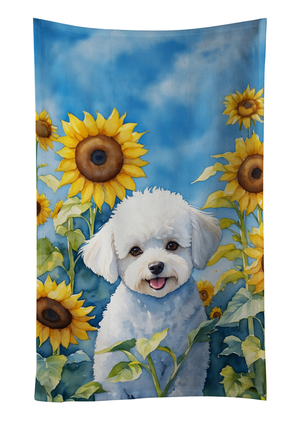 Bichon Frise in Sunflowers Kitchen Towel Velour Plush Front and Cotton Loop Back Machine Washable