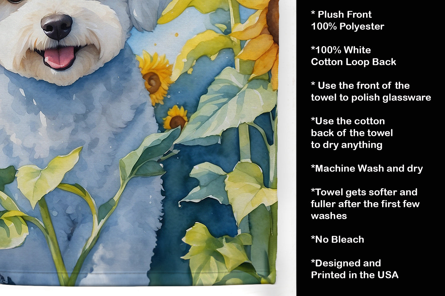 Bichon Frise in Sunflowers Kitchen Towel Velour Plush Front and Cotton Loop Back Machine Washable