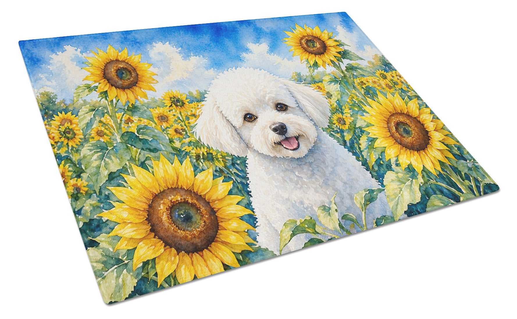 Bichon Frise in Sunflowers Cutting Board Tempered Glass Kitchen Cutting Surface, Heat Resistant Chopping Board with Non-Slip Feet, Decorative Food Prep & Serving