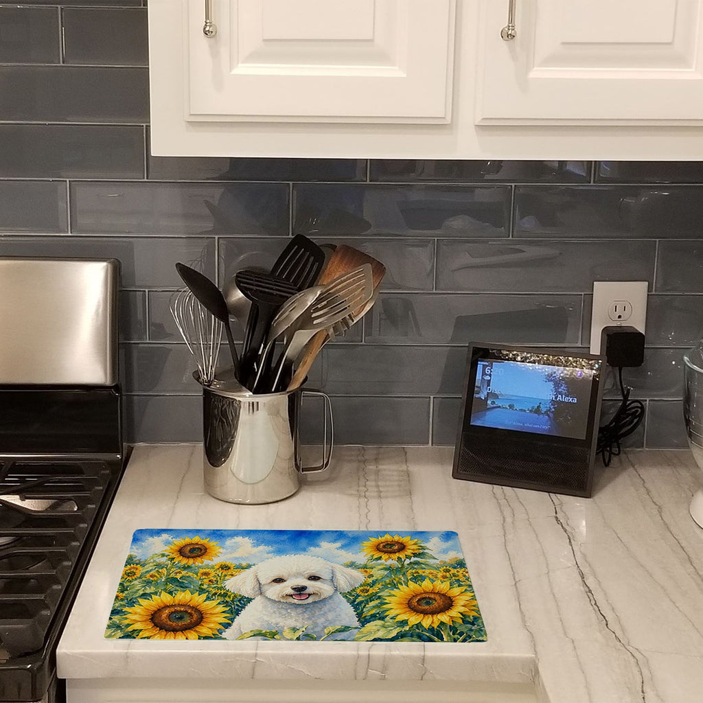 Bichon Frise in Sunflowers Cutting Board Tempered Glass Kitchen Cutting Surface, Heat Resistant Chopping Board with Non-Slip Feet, Decorative Food Prep & Serving