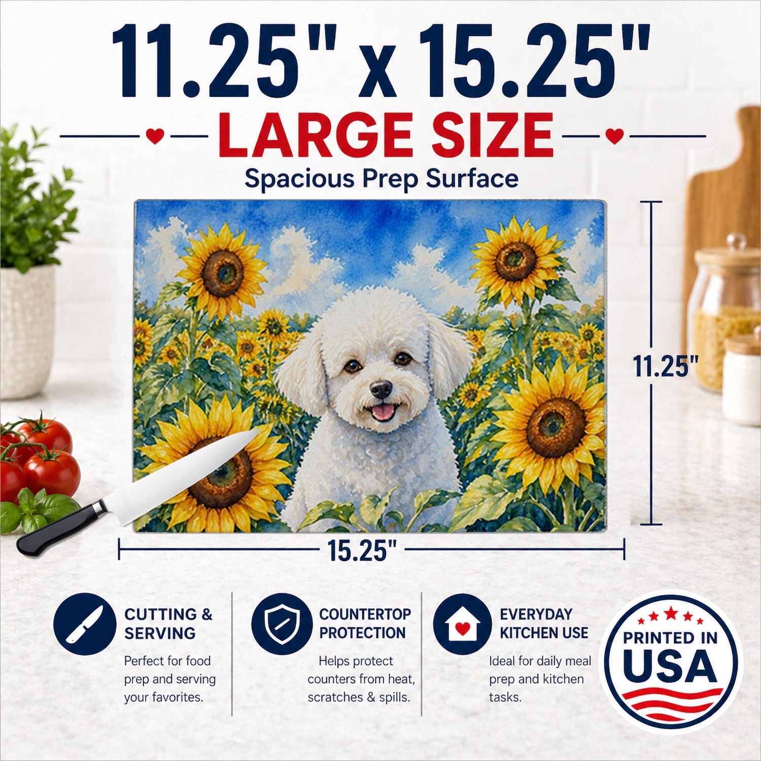 Bichon Frise in Sunflowers Cutting Board Tempered Glass Kitchen Cutting Surface, Heat Resistant Chopping Board with Non-Slip Feet, Decorative Food Prep & Serving