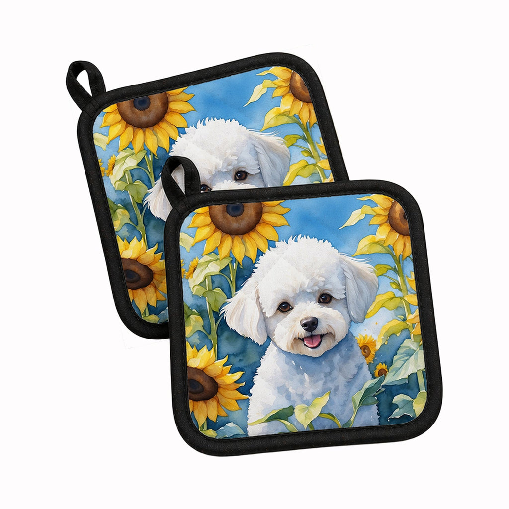 Bichon Frise in Sunflowers Pot Holder Set of 2 Heat Resistant Quilted Hot Pads 7.5 x 7.5 Inch, Insulated Kitchen Trivets for Cooking & Baking
