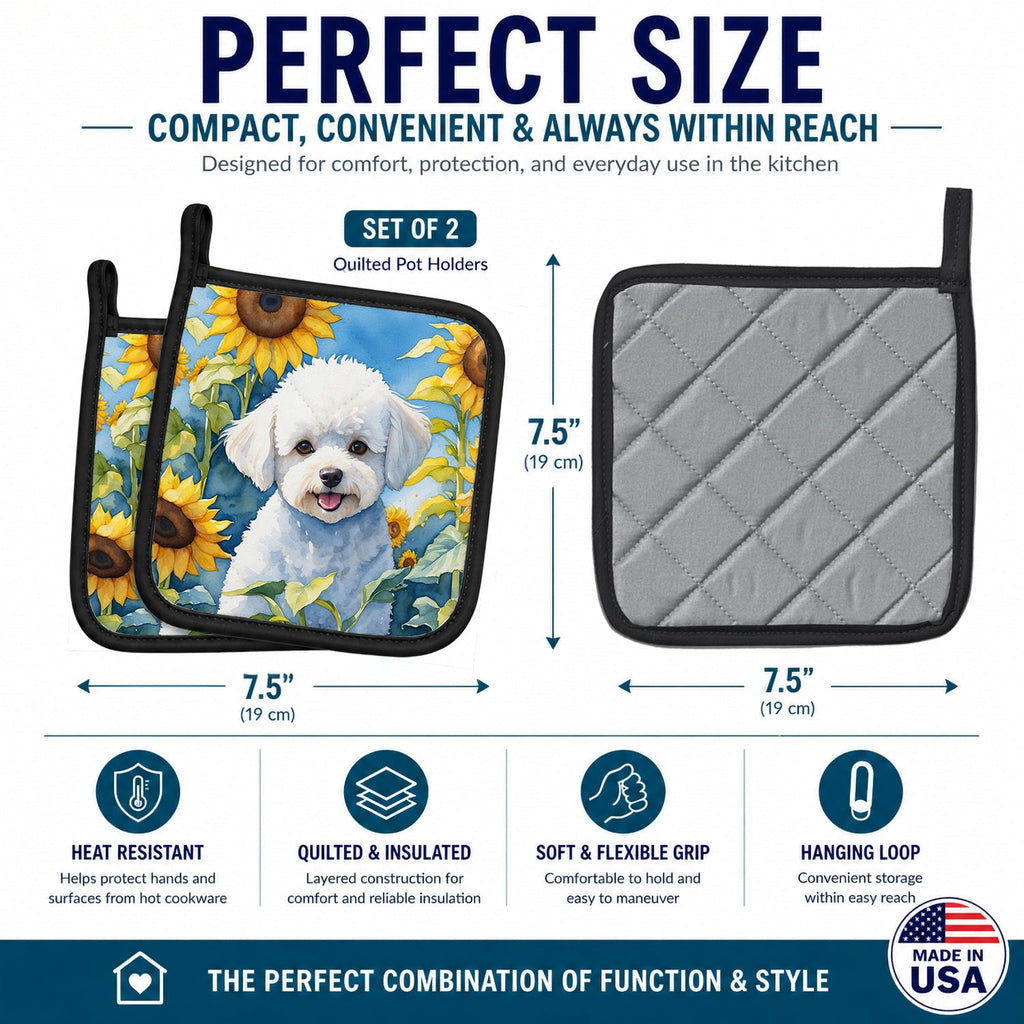Bichon Frise in Sunflowers Pot Holder Set of 2 Heat Resistant Quilted Hot Pads 7.5 x 7.5 Inch, Insulated Kitchen Trivets for Cooking & Baking