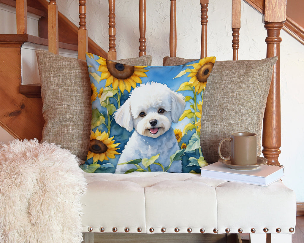 Bichon Frise in Sunflowers Decorative Throw Pillow 14x14 Indoor Outdoor Accent Cushion, Fabric Cover with Insert for Sofa, Bed, Porch & Living Room