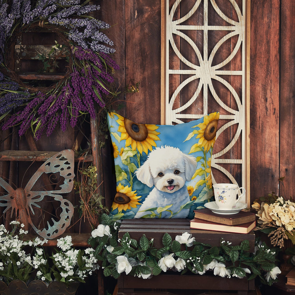 Bichon Frise in Sunflowers Decorative Throw Pillow 14x14 Indoor Outdoor Accent Cushion, Fabric Cover with Insert for Sofa, Bed, Porch & Living Room