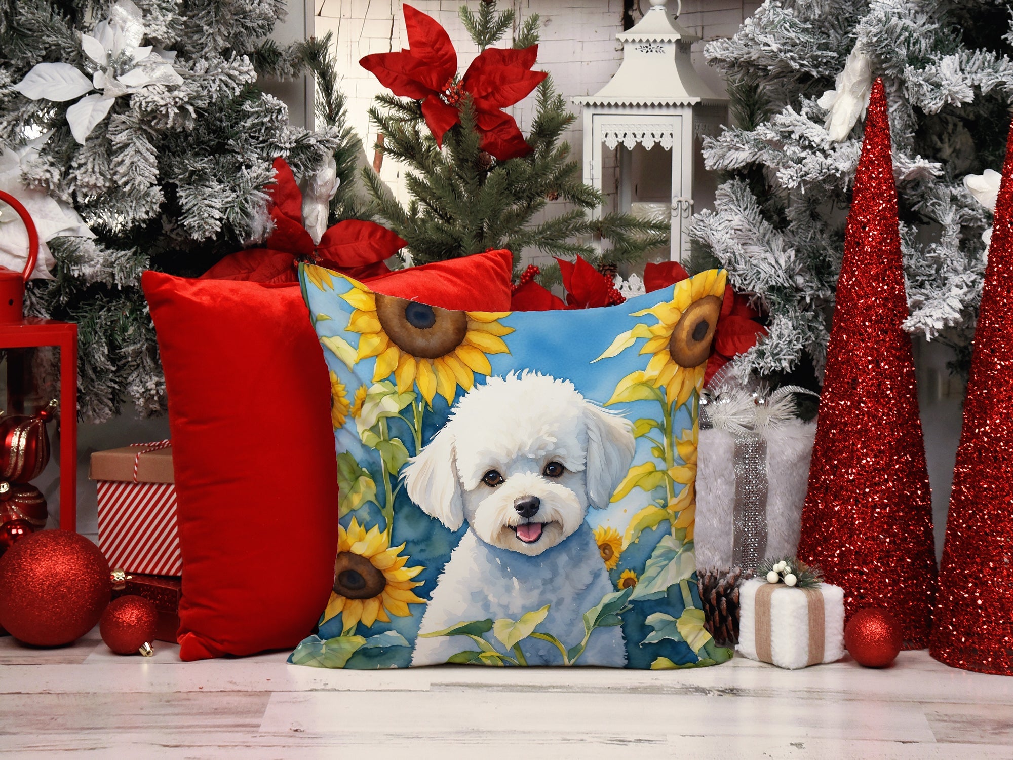 Bichon Frise in Sunflowers Decorative Throw Pillow 14x14 Indoor Outdoor Accent Cushion, Fabric Cover with Insert for Sofa, Bed, Porch & Living Room
