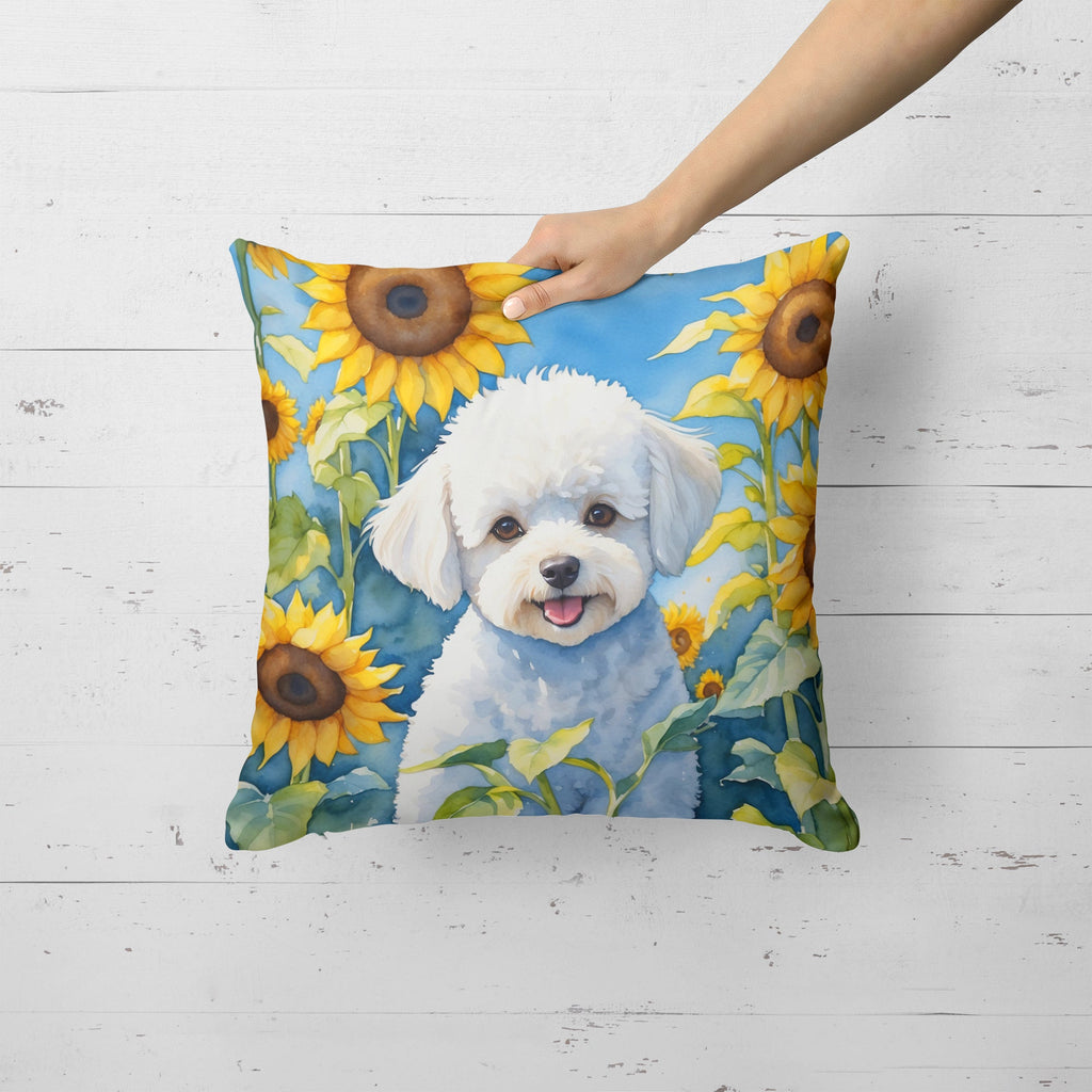 Bichon Frise in Sunflowers Decorative Throw Pillow 18x18 Indoor Outdoor Accent Cushion, Fabric Cover with Insert for Sofa, Bed, Porch & Living Room