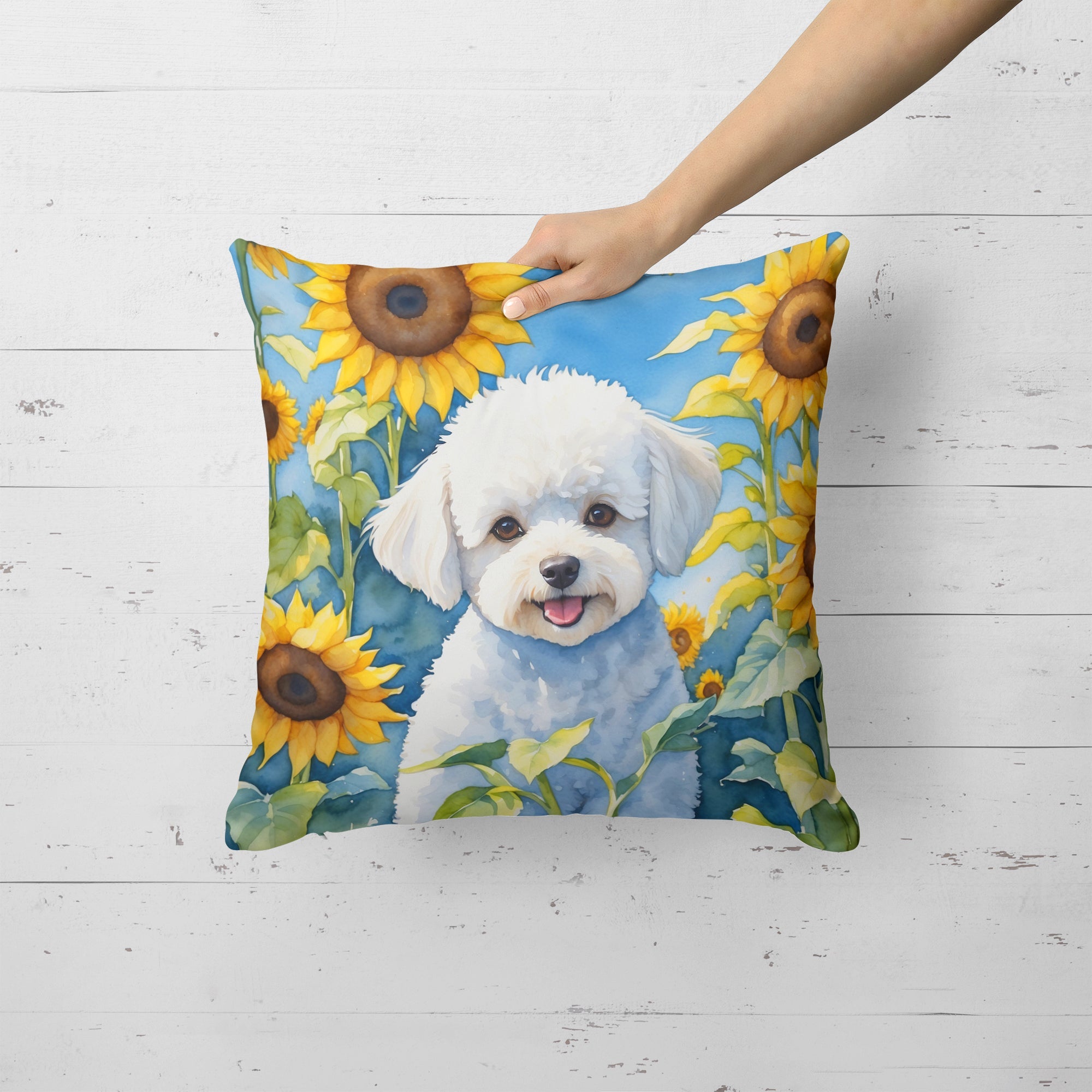 Bichon Frise in Sunflowers Decorative Throw Pillow 18x18 Indoor Outdoor Accent Cushion, Fabric Cover with Insert for Sofa, Bed, Porch & Living Room