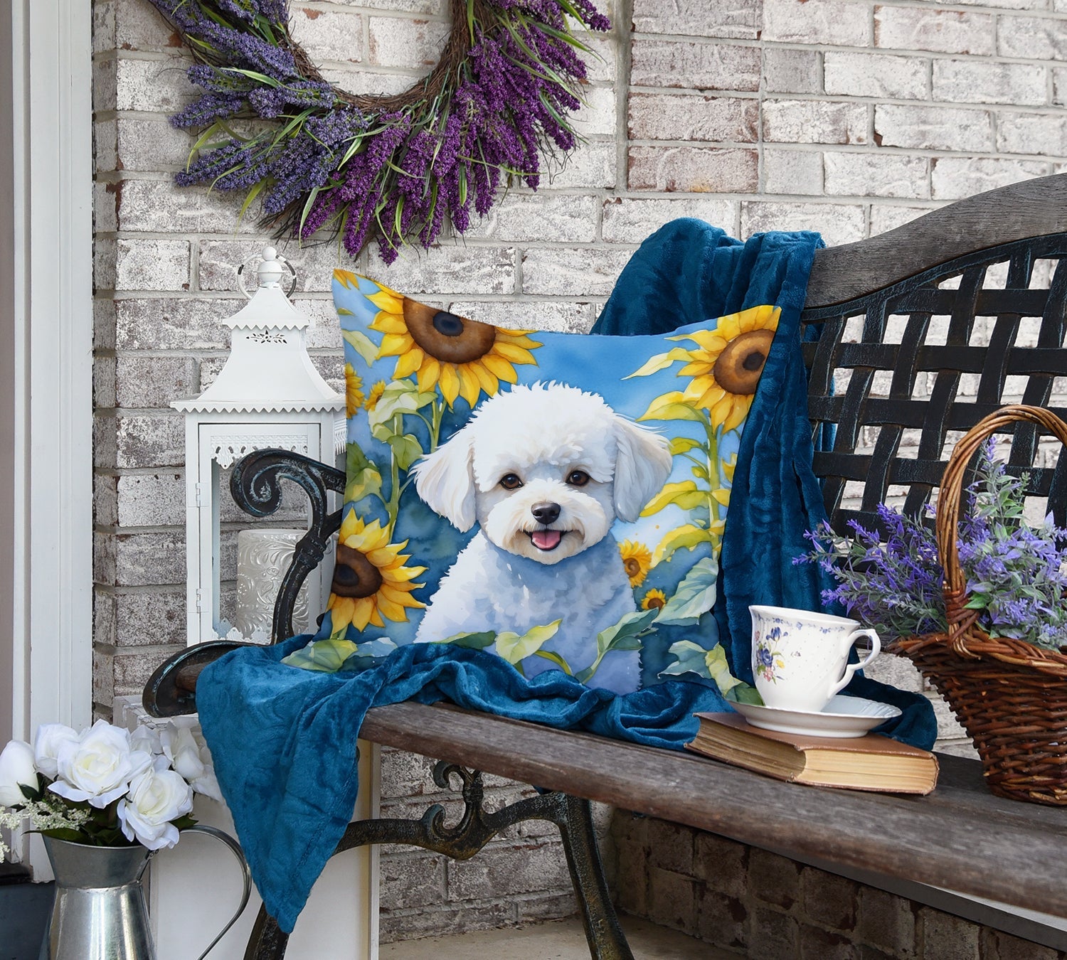 Bichon Frise in Sunflowers Decorative Throw Pillow 18x18 Indoor Outdoor Accent Cushion, Fabric Cover with Insert for Sofa, Bed, Porch & Living Room