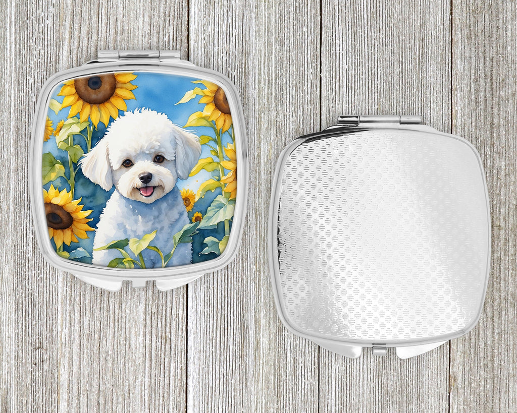Bichon Frise in Sunflowers Compact Mirror Decorative Travel Makeup Mirror for Women Girls Gifts Pocket Makeup Mirror Folding Handheld