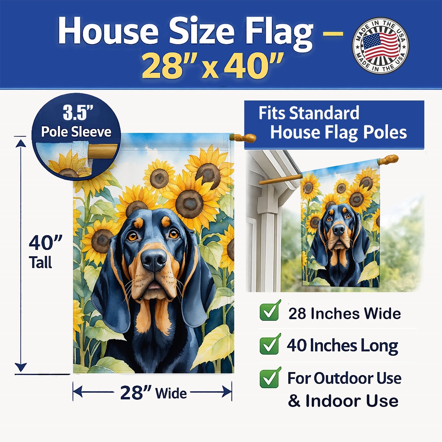 Black and Tan Coonhound in Sunflowers House Flag 28x40 Porch Sleeve Pole Decorative Outside Yard Banner Artwork Wall Hanging, Polyester
