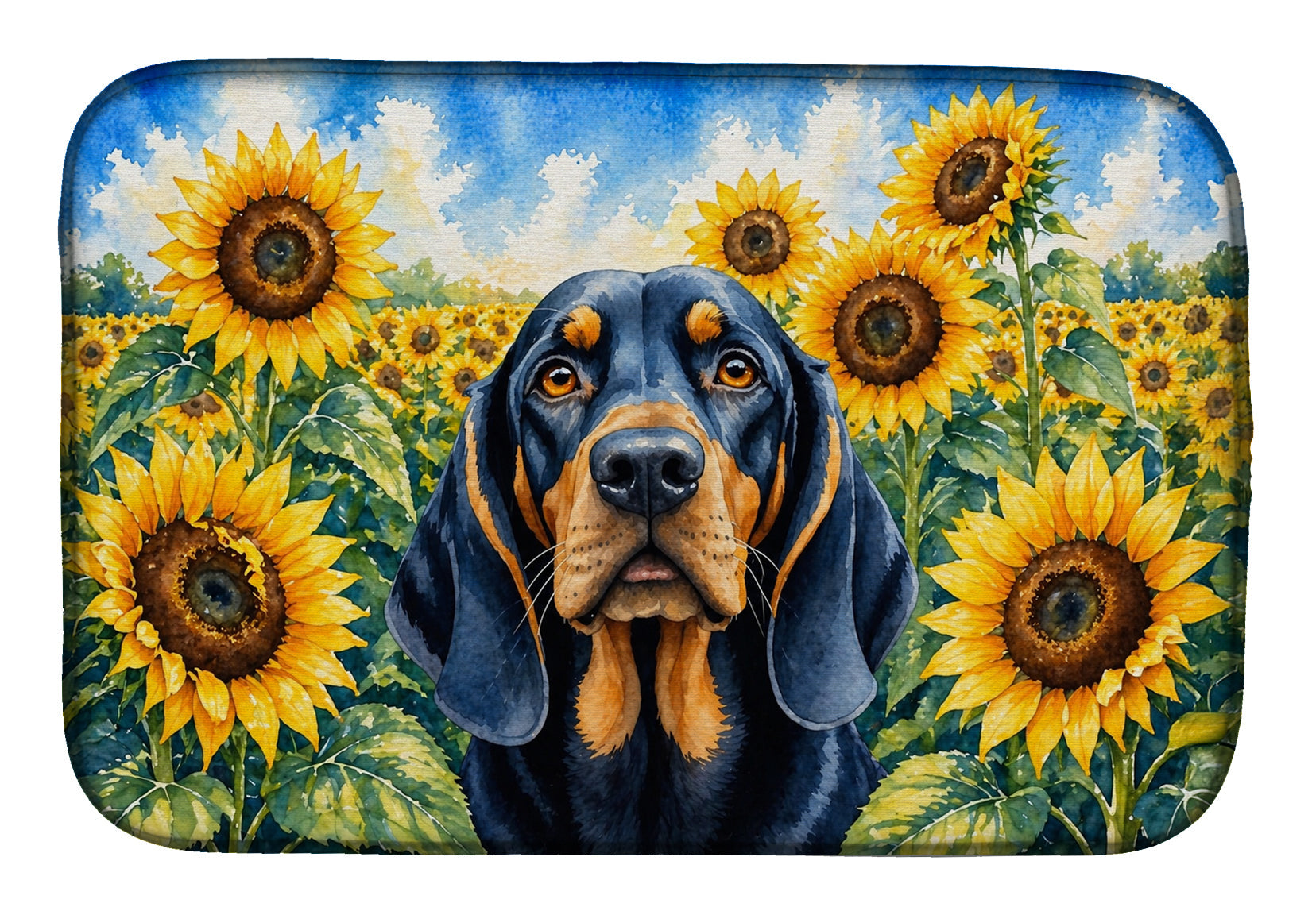 Black and Tan Coonhound in Sunflowers Dish Drying Mat Absorbent Dish Drying Mat Pad for Kitchen Counter Dish Drainer Mat for Countertop, 14 x 21", Multicolor