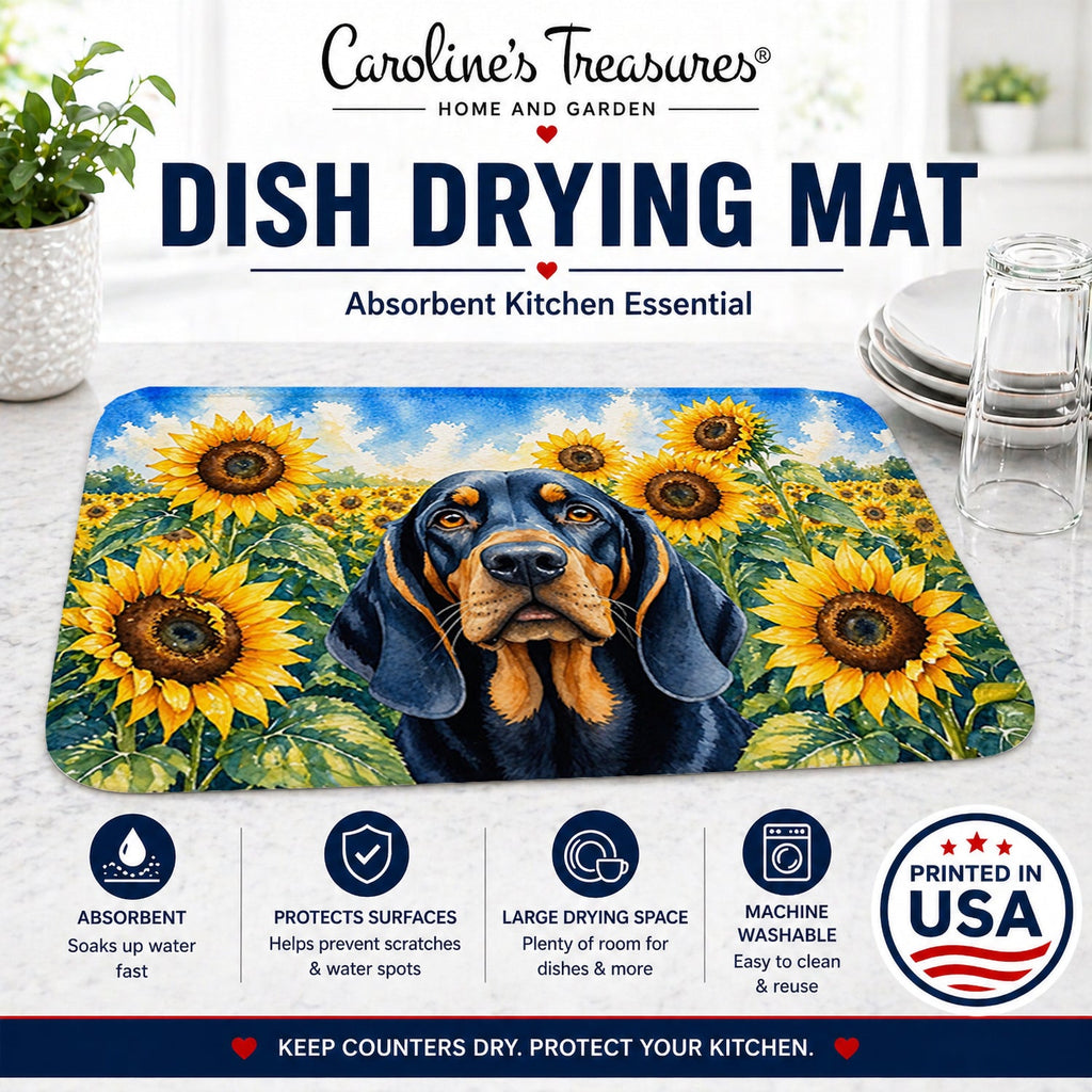 Black and Tan Coonhound in Sunflowers Dish Drying Mat Absorbent Dish Drying Mat Pad for Kitchen Counter Dish Drainer Mat for Countertop, 14 x 21", Multicolor