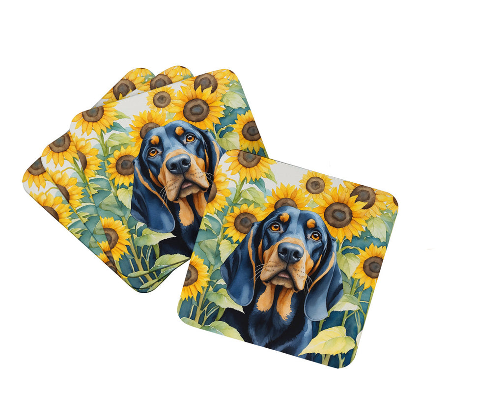 Black and Tan Coonhound in Sunflowers Foam Coasters Set of 4 Cup Coasters for Indoor Outdoor, Tabletop Protection, Anti Slip, Mouse pad Material