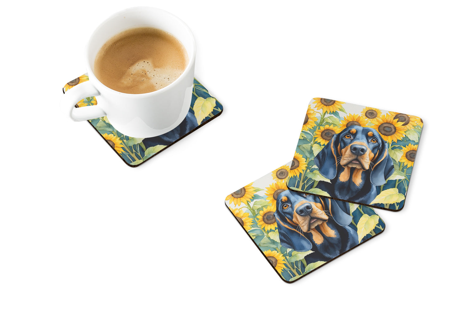 Black and Tan Coonhound in Sunflowers Foam Coasters Set of 4 Cup Coasters for Indoor Outdoor, Tabletop Protection, Anti Slip, Mouse pad Material