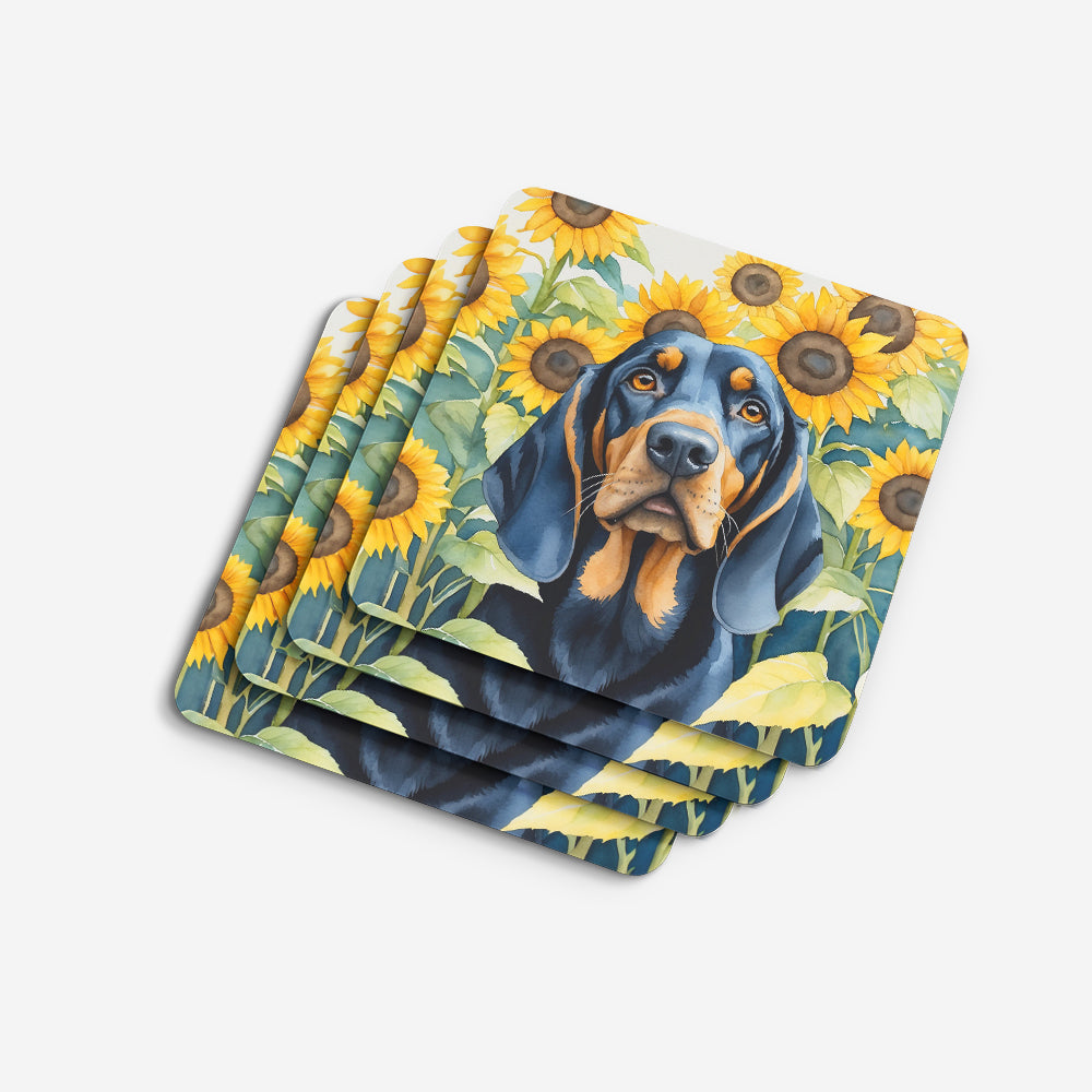 Black and Tan Coonhound in Sunflowers Foam Coasters Set of 4 Cup Coasters for Indoor Outdoor, Tabletop Protection, Anti Slip, Mouse pad Material