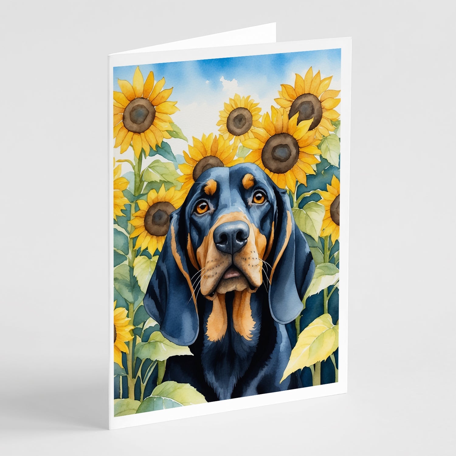 Black and Tan Coonhound in Sunflowers Greeting Cards Pack of 8 Blank Cards with Envelopes Whimsical A7 Size 5x7
