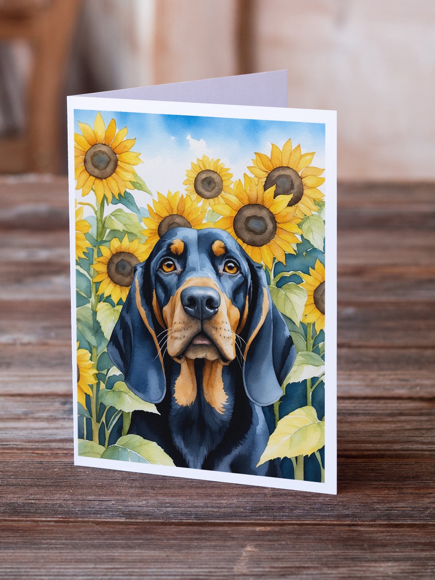 Black and Tan Coonhound in Sunflowers Greeting Cards Pack of 8 Blank Cards with Envelopes Whimsical A7 Size 5x7