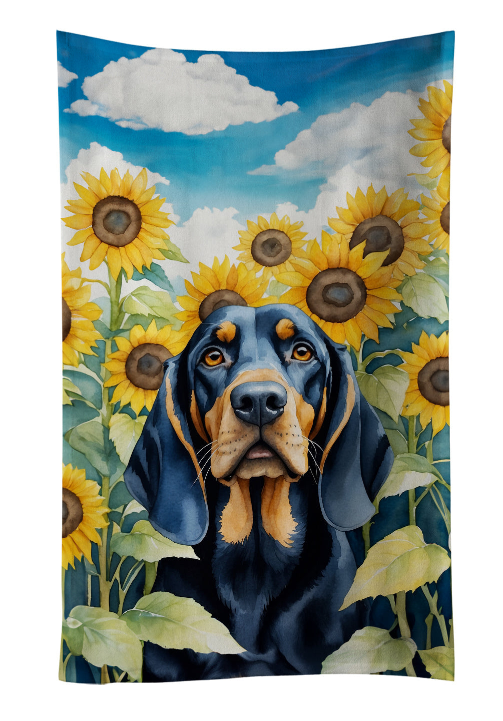 Black and Tan Coonhound in Sunflowers Kitchen Towel Velour Plush Front and Cotton Loop Back Machine Washable