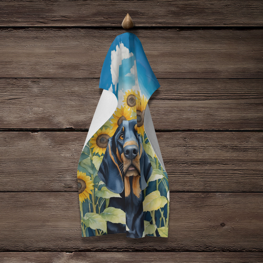 Black and Tan Coonhound in Sunflowers Kitchen Towel Velour Plush Front and Cotton Loop Back Machine Washable