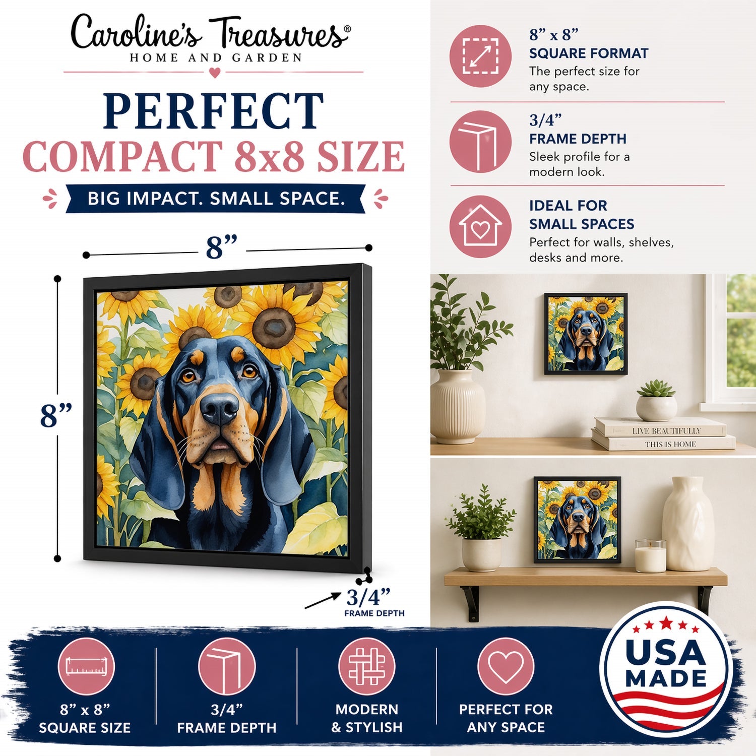 Black and Tan Coonhound in Sunflowers Framed Metal Print Bathroom, Kitchen, Office, Home Decor Wall Art Ready to Hang, Square, 8X8