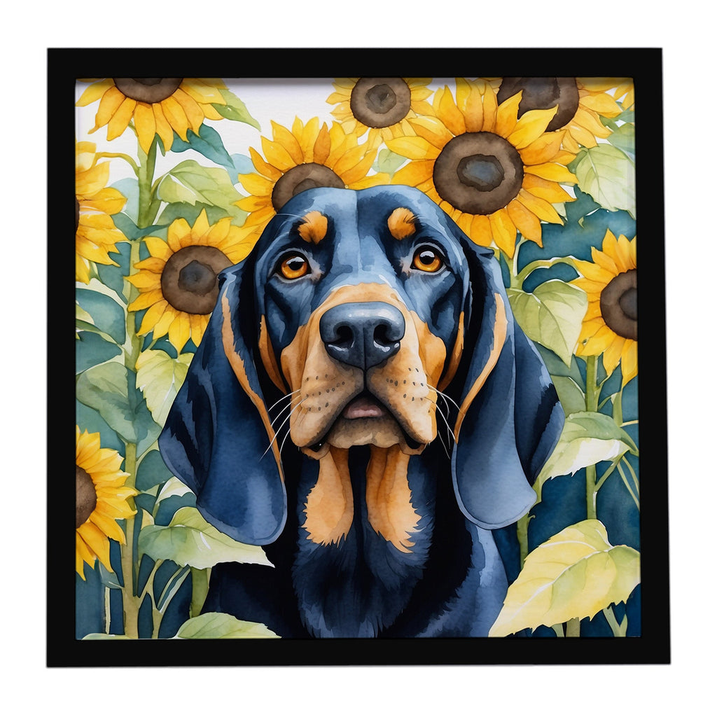 Black and Tan Coonhound in Sunflowers Framed Metal Print Bathroom, Kitchen, Office, Home Decor Wall Art Ready to Hang, Square, 8X8