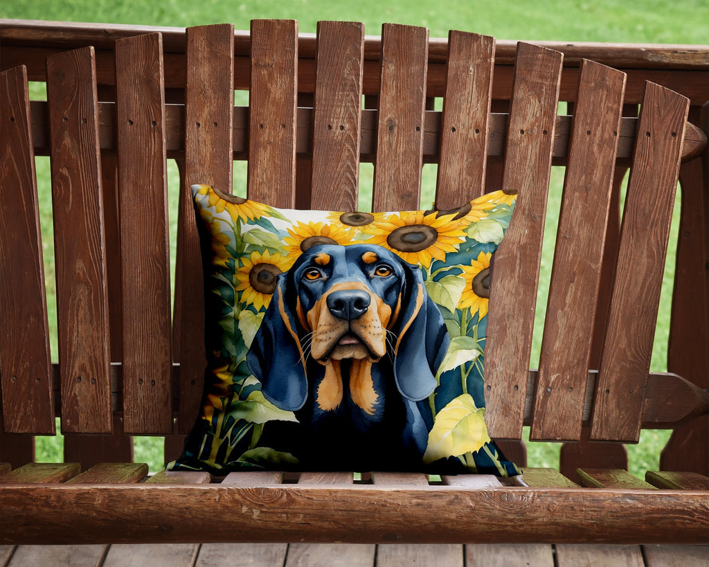 Black and Tan Coonhound in Sunflowers Decorative Throw Pillow 14x14 Indoor Outdoor Accent Cushion, Fabric Cover with Insert for Sofa, Bed, Porch & Living Room