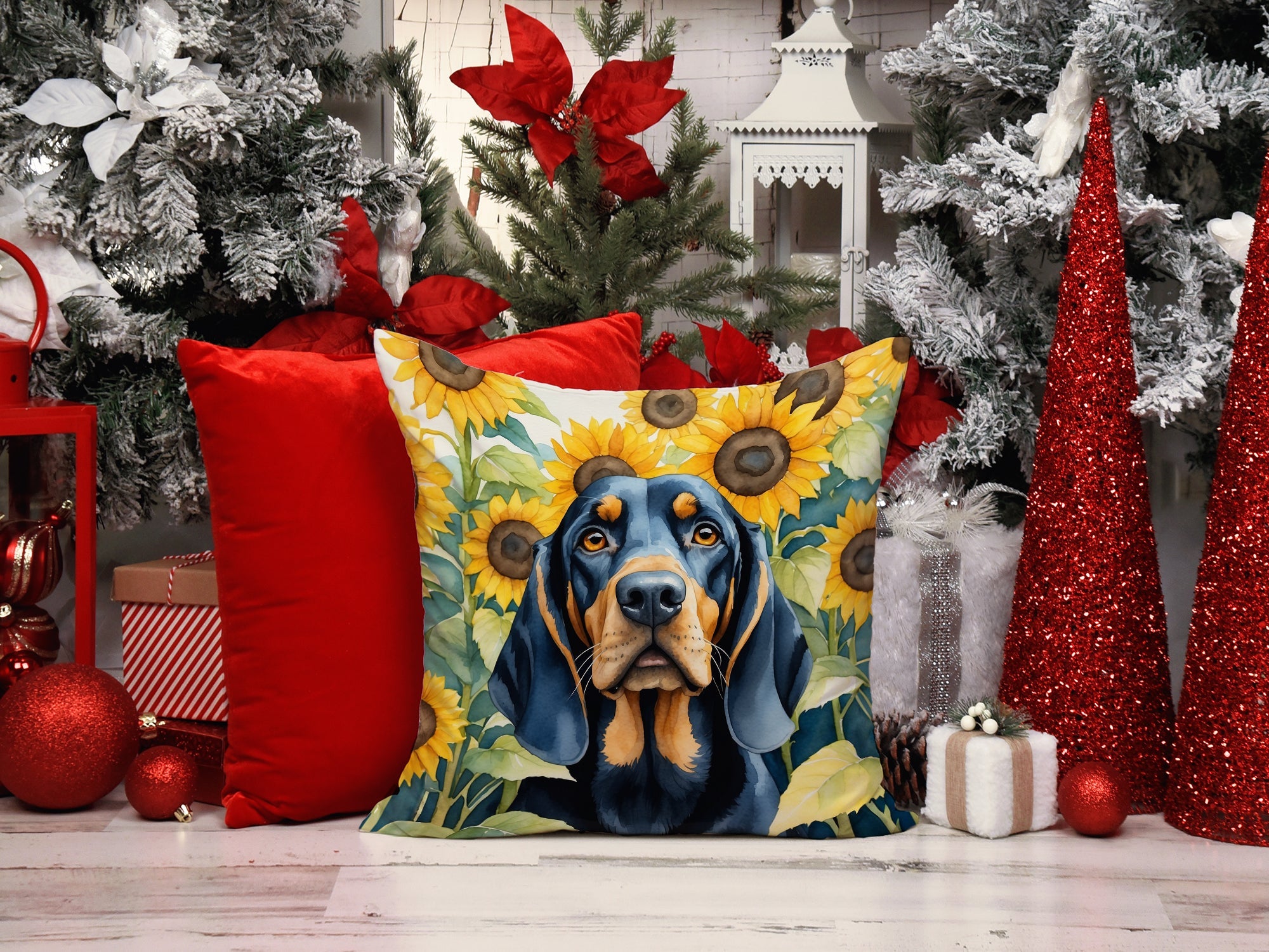 Black and Tan Coonhound in Sunflowers Decorative Throw Pillow 14x14 Indoor Outdoor Accent Cushion, Fabric Cover with Insert for Sofa, Bed, Porch & Living Room