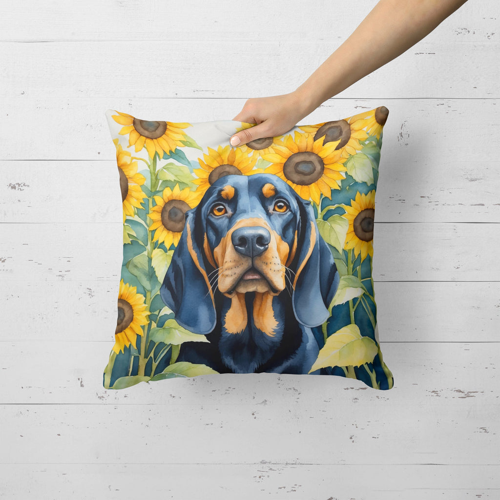 Black and Tan Coonhound in Sunflowers Decorative Throw Pillow 18x18 Indoor Outdoor Accent Cushion, Fabric Cover with Insert for Sofa, Bed, Porch & Living Room