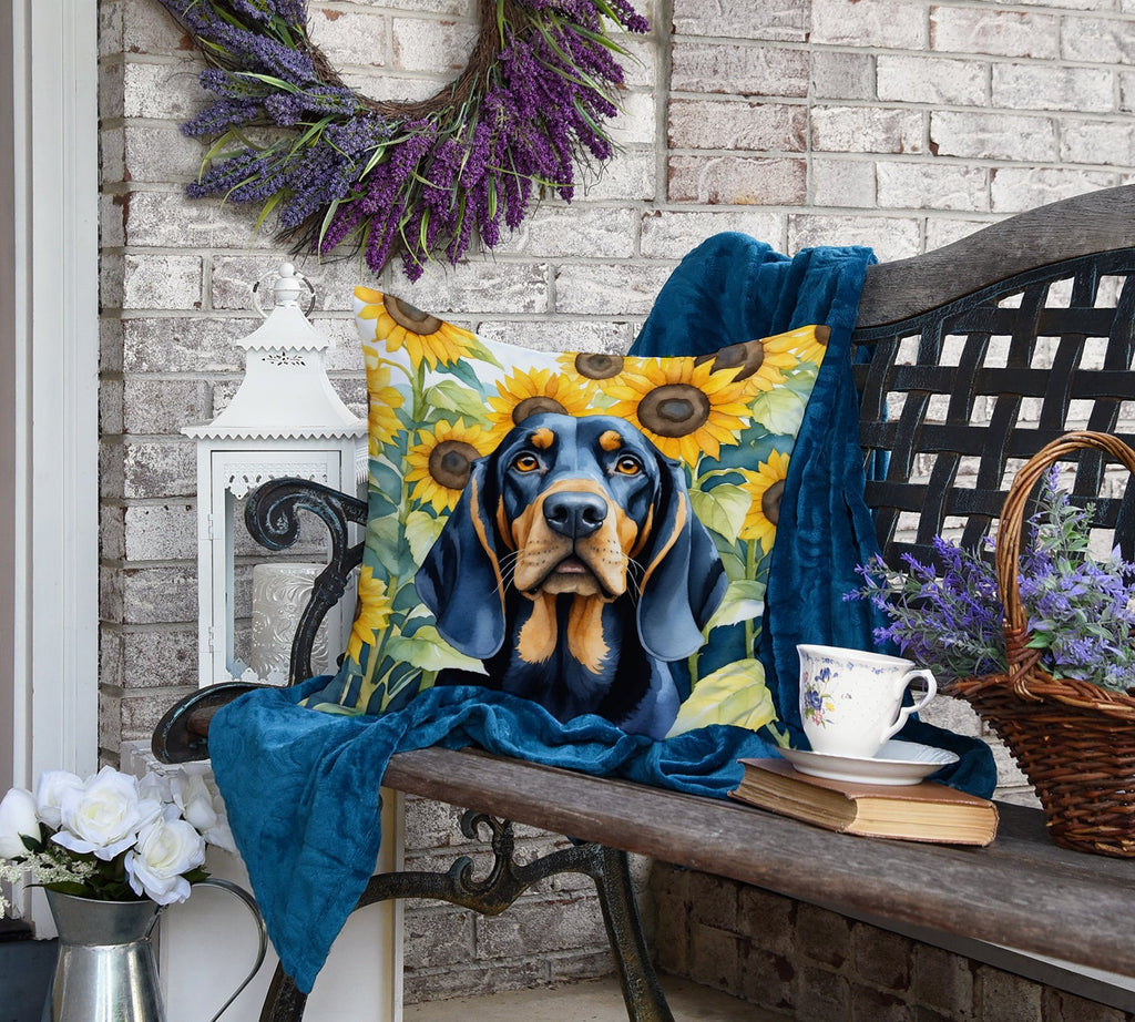 Black and Tan Coonhound in Sunflowers Decorative Throw Pillow 18x18 Indoor Outdoor Accent Cushion, Fabric Cover with Insert for Sofa, Bed, Porch & Living Room