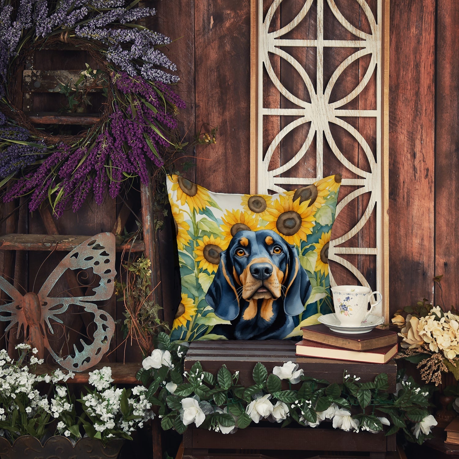 Black and Tan Coonhound in Sunflowers Decorative Throw Pillow 18x18 Indoor Outdoor Accent Cushion, Fabric Cover with Insert for Sofa, Bed, Porch & Living Room
