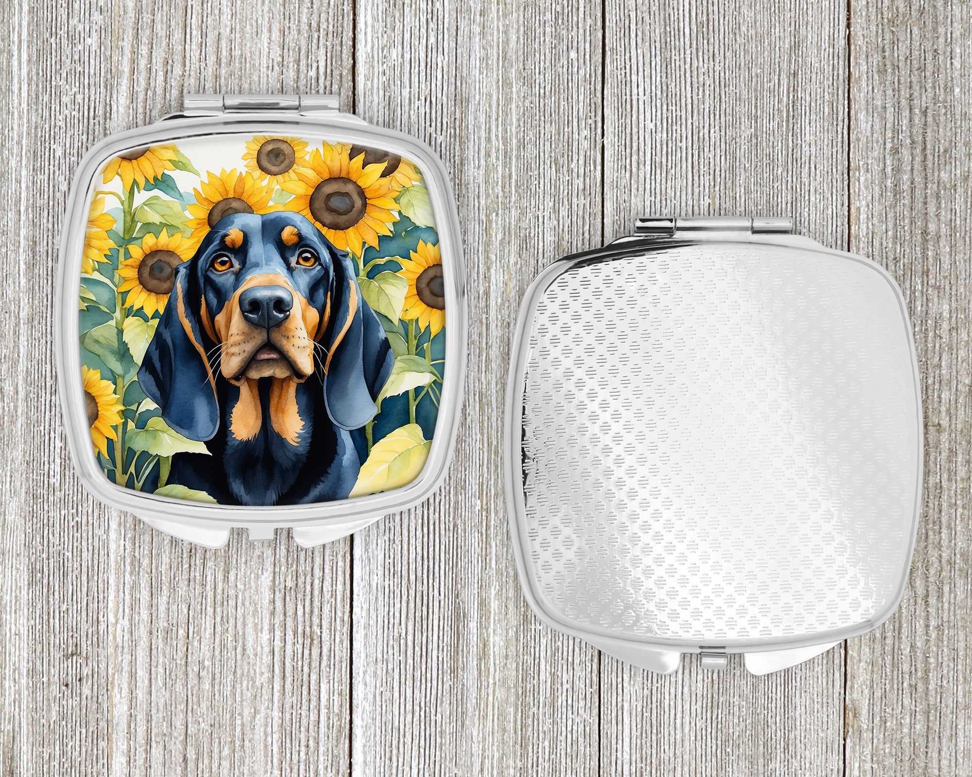 Black and Tan Coonhound in Sunflowers Compact Mirror Decorative Travel Makeup Mirror for Women Girls Gifts Pocket Makeup Mirror Folding Handheld