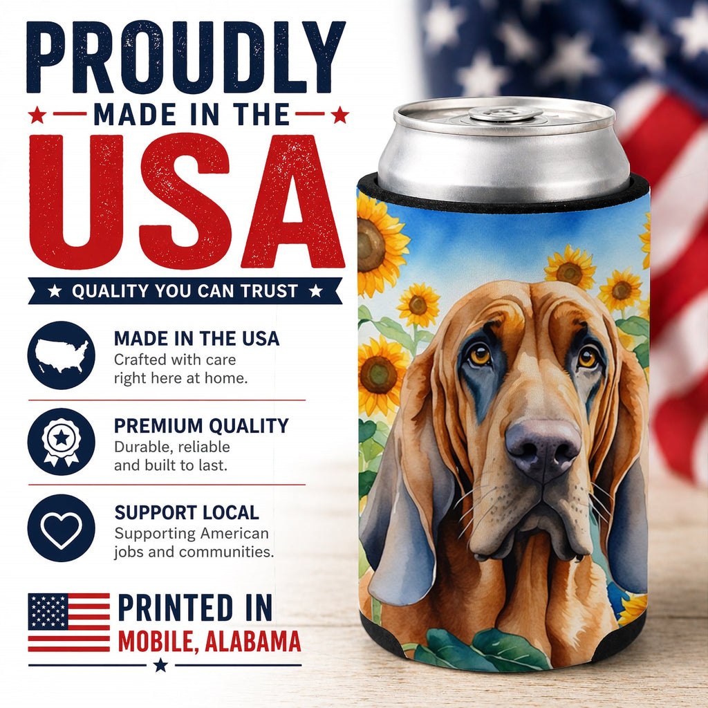 Bloodhound in Sunflowers Can or Bottle Hugger Cooler Sleeve for Standard 12 oz Cans, Insulated Foam Beer & Soda Can Hugger Reusable