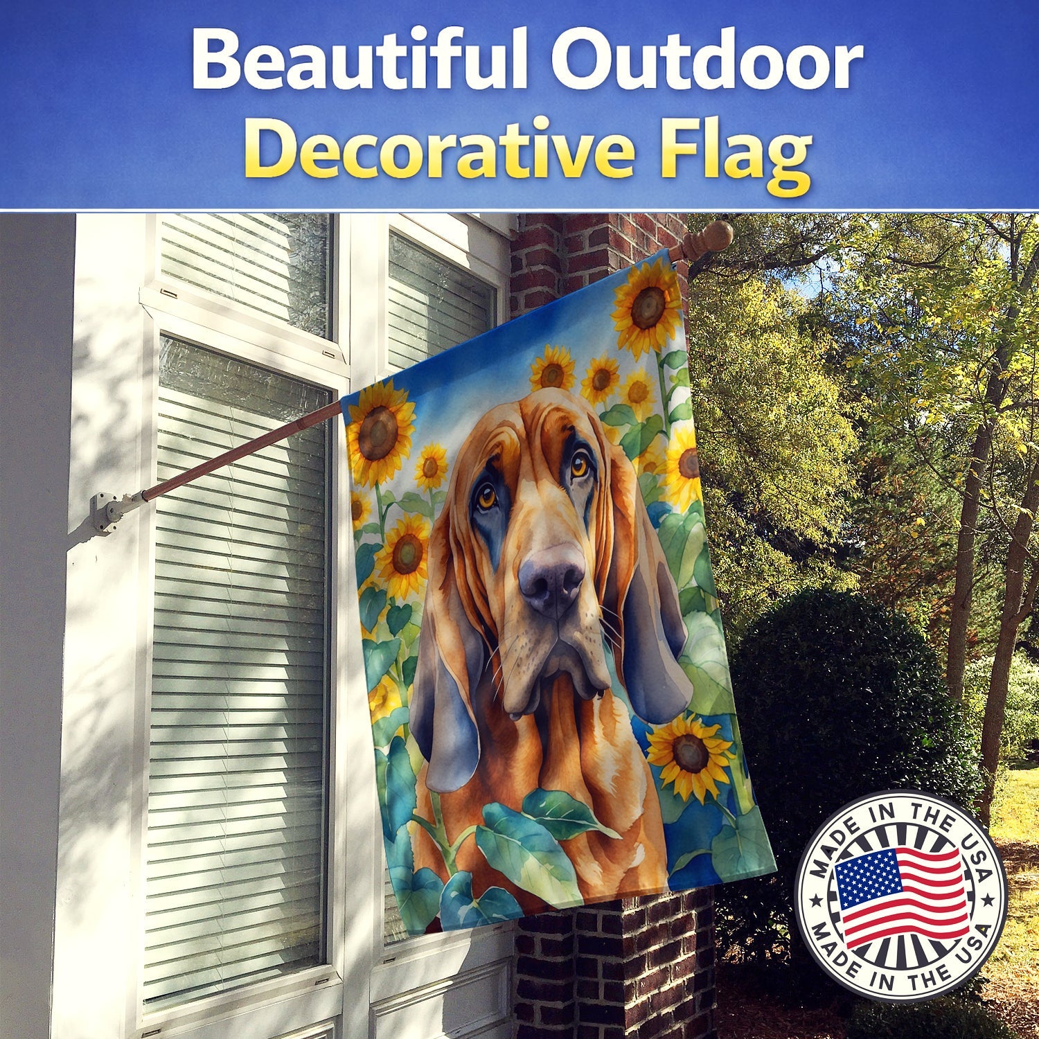 Bloodhound in Sunflowers House Flag 28x40 Porch Sleeve Pole Decorative Outside Yard Banner Artwork Wall Hanging, Polyester