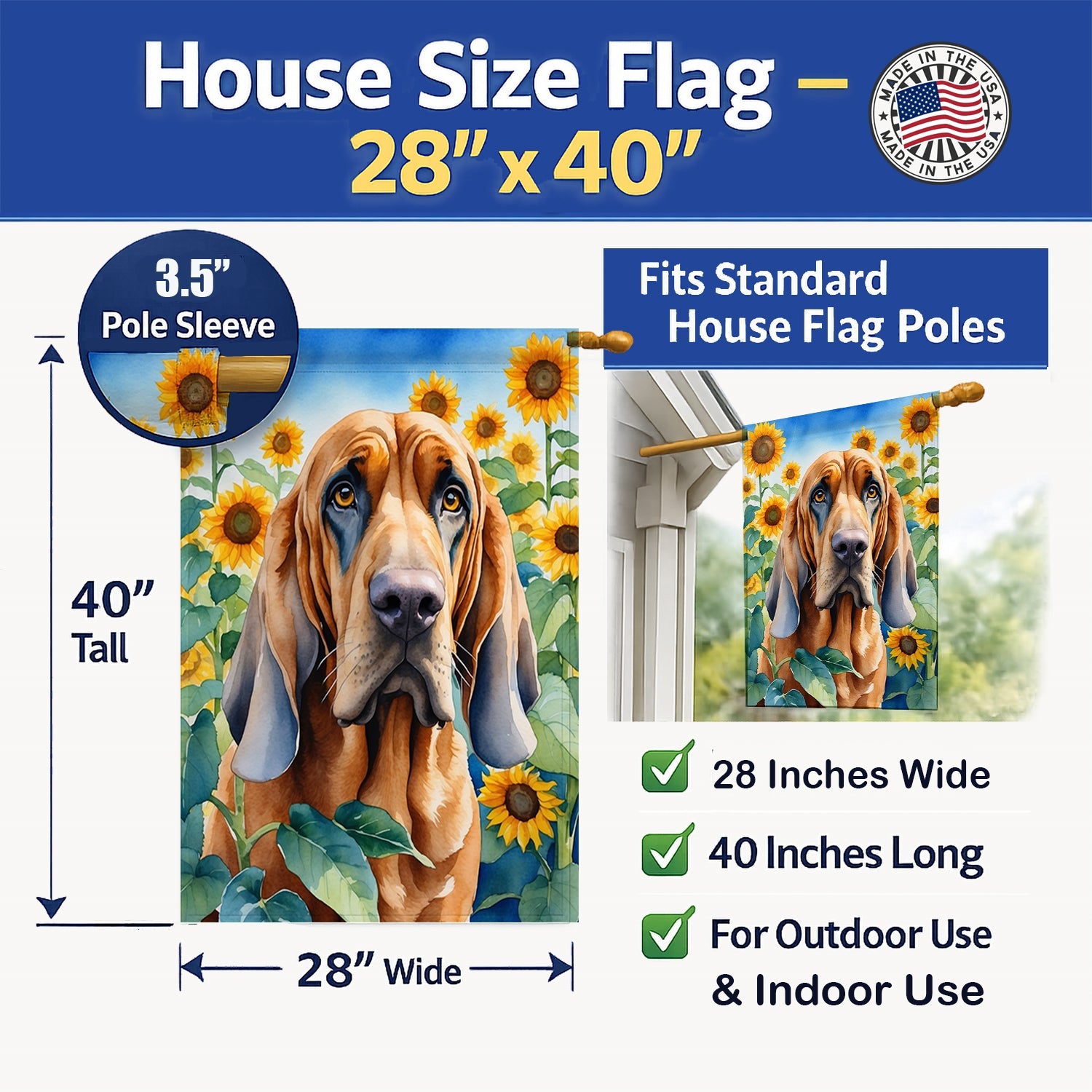 Bloodhound in Sunflowers House Flag 28x40 Porch Sleeve Pole Decorative Outside Yard Banner Artwork Wall Hanging, Polyester