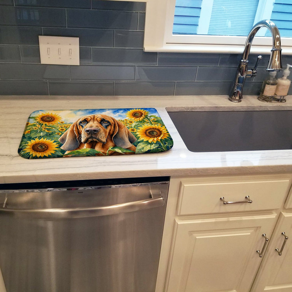Bloodhound in Sunflowers Dish Drying Mat Absorbent Dish Drying Mat Pad for Kitchen Counter Dish Drainer Mat for Countertop, 14 x 21", Multicolor