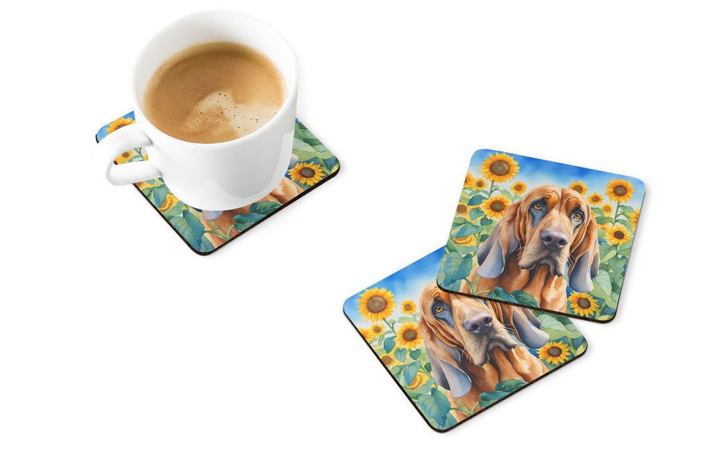 Bloodhound in Sunflowers Foam Coasters Set of 4 Cup Coasters for Indoor Outdoor, Tabletop Protection, Anti Slip, Mouse pad Material