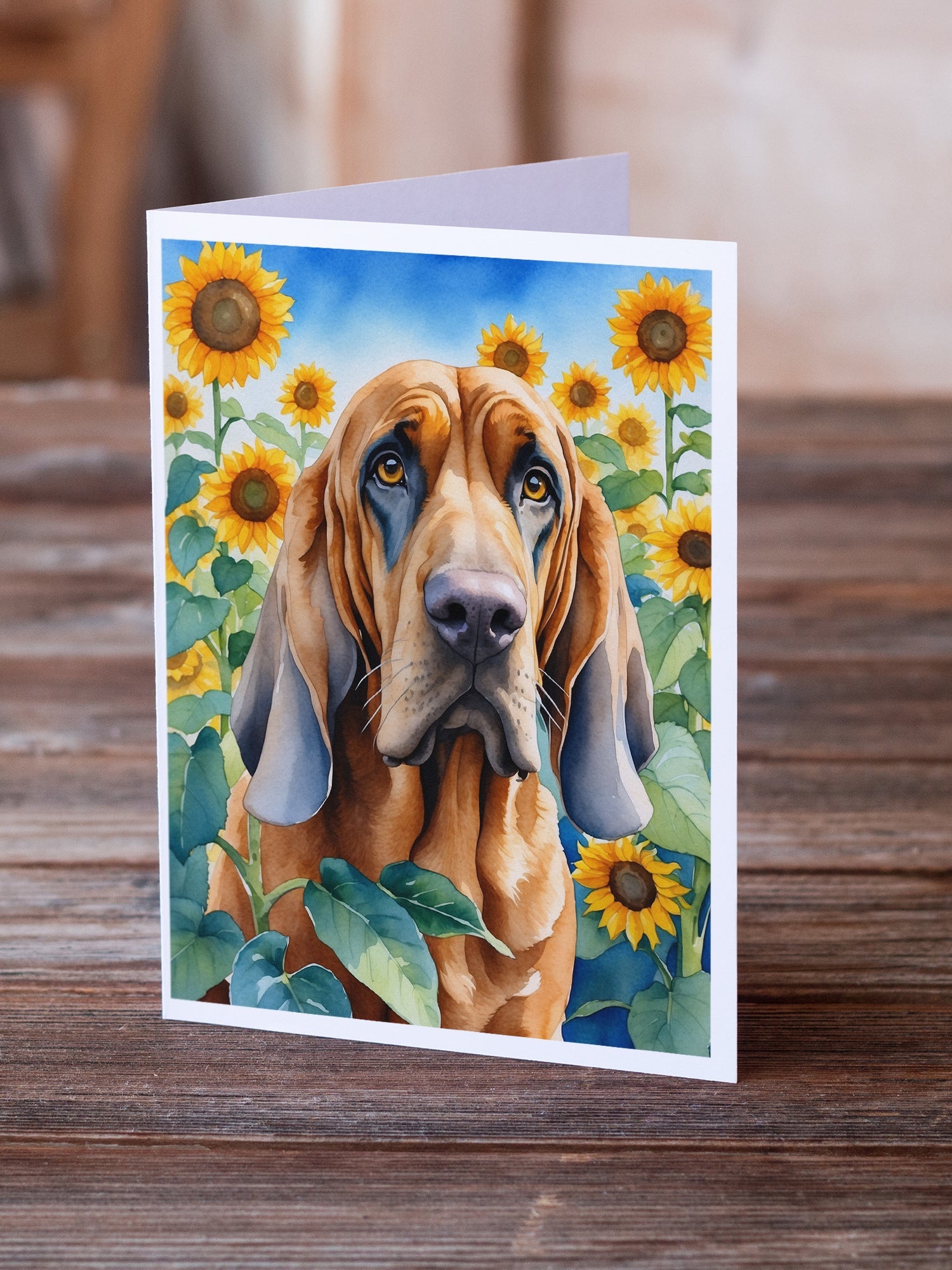 Bloodhound in Sunflowers Greeting Cards Pack of 8 Blank Cards with Envelopes Whimsical A7 Size 5x7