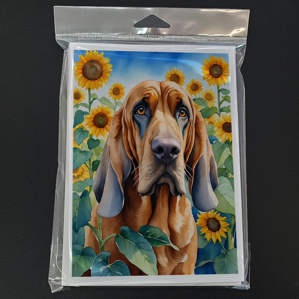 Bloodhound in Sunflowers Greeting Cards Pack of 8 Blank Cards with Envelopes Whimsical A7 Size 5x7