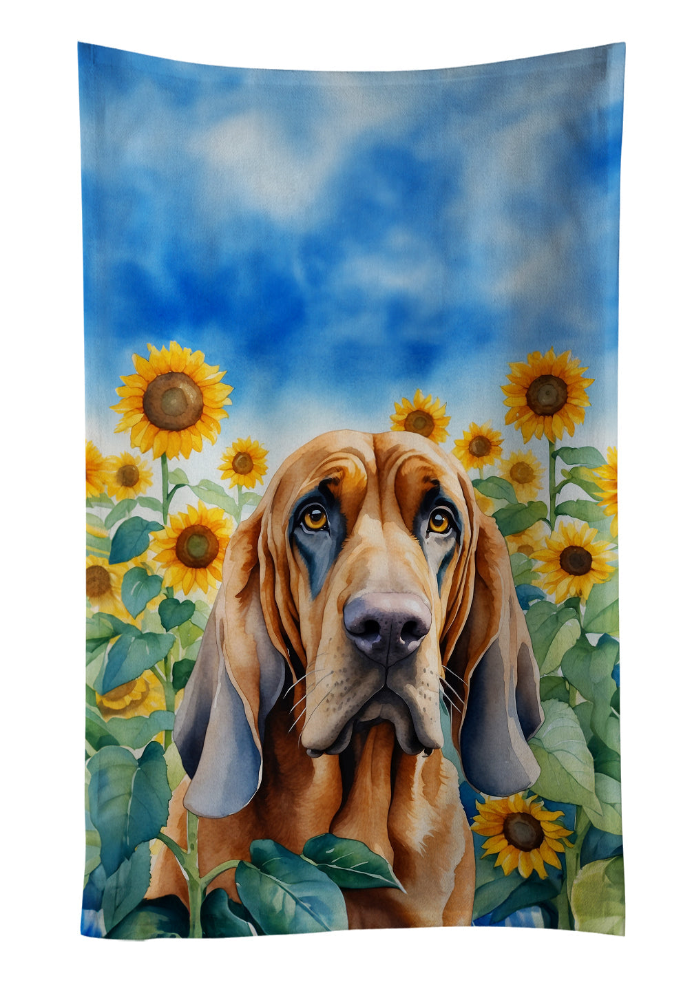 Bloodhound in Sunflowers Kitchen Towel Velour Plush Front and Cotton Loop Back Machine Washable