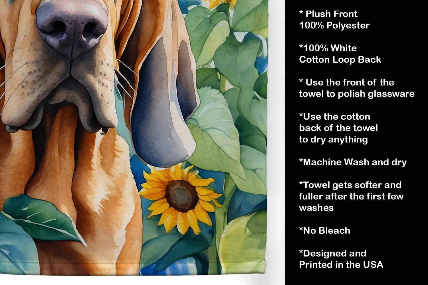 Bloodhound in Sunflowers Kitchen Towel Velour Plush Front and Cotton Loop Back Machine Washable