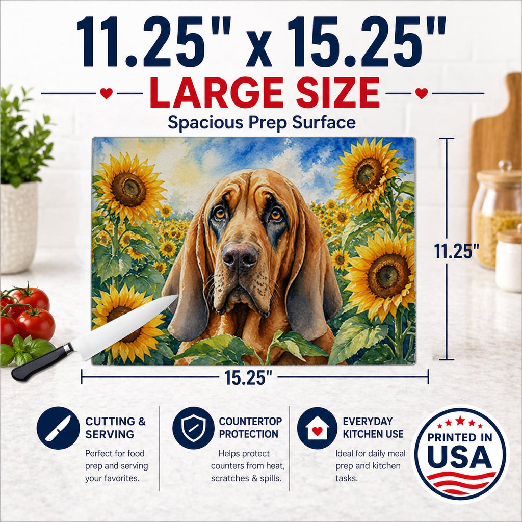 Bloodhound in Sunflowers Cutting Board Tempered Glass Kitchen Cutting Surface, Heat Resistant Chopping Board with Non-Slip Feet, Decorative Food Prep & Serving